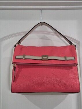 kate spade Coral Pink Pebbled Leather Shoulder Bag with Cream Trim